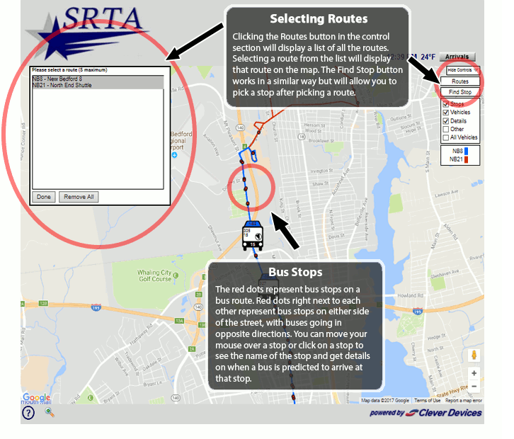 Selecting Routes - Clicking the Routes button in the control section will display a list of all the SRTA routes.  Selecting a route from the list will display that route on the map.  The Find Stop button works in a similar way but will allow you to pick a stop after picking a route.